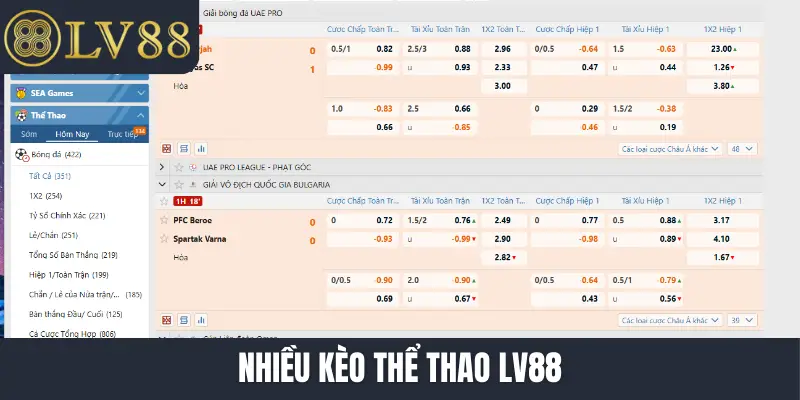 Nhiều kèo thể thao LV88