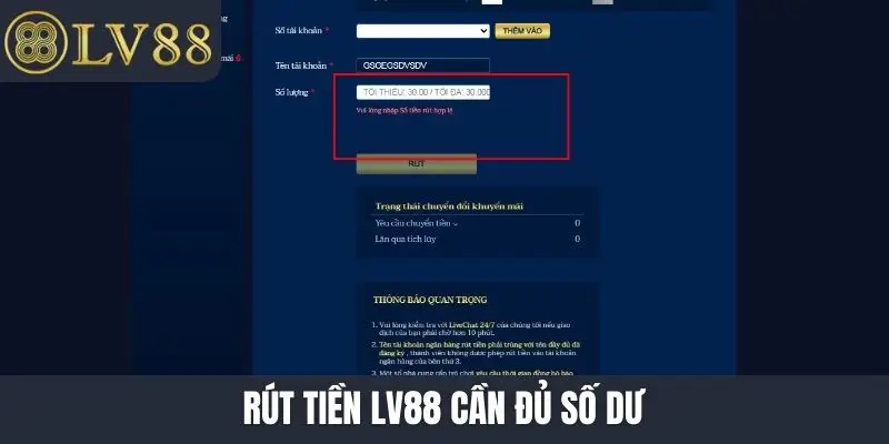 Rút tiền LV88 cần đủ số dư